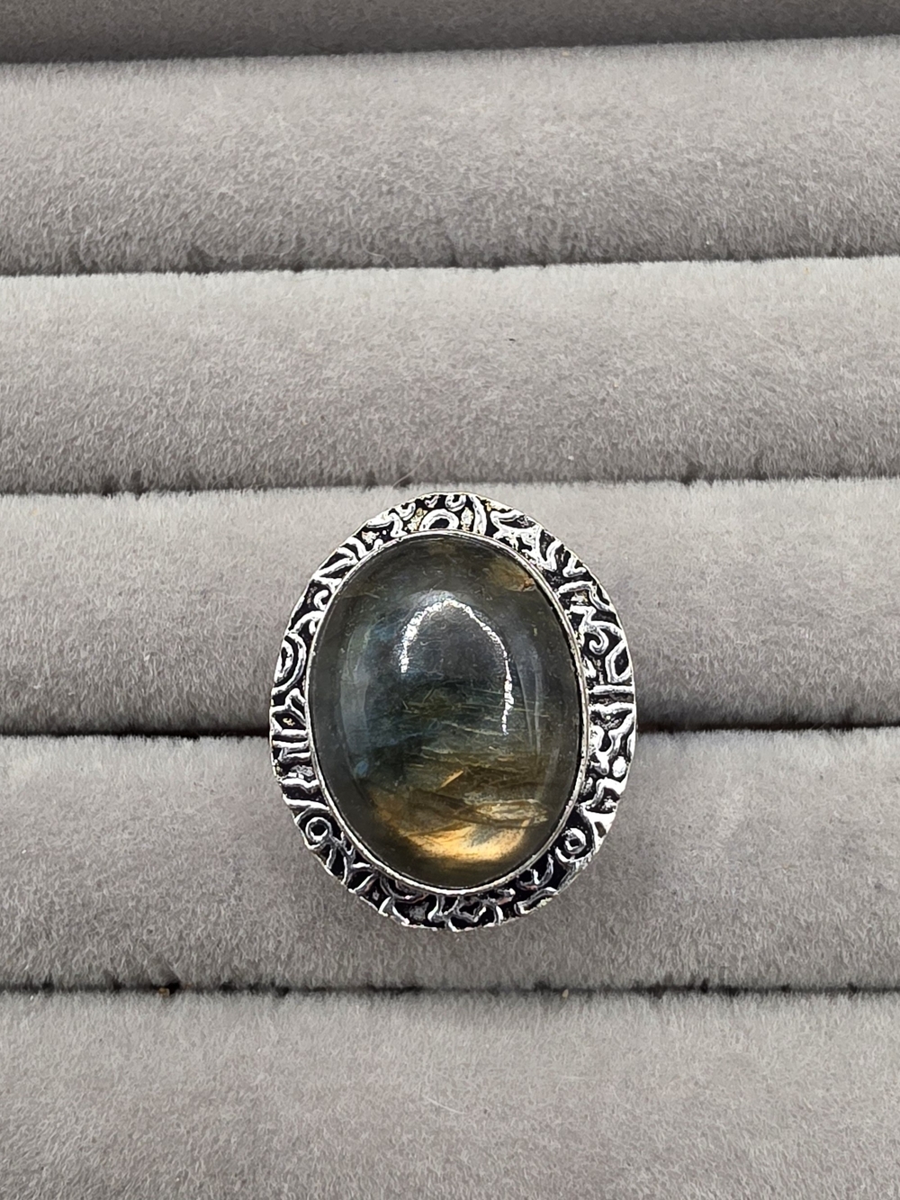 Silver Plated Oval Labradorite Statement Ring Size 8 in Gray-Green